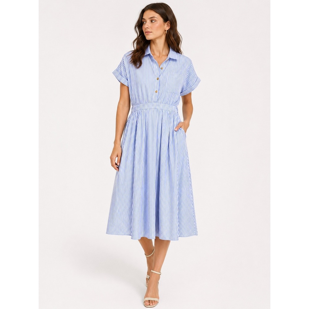LALA Shirtdress Women XL Blue White Striped Short Sleeve Maxi Coastal Preppy
